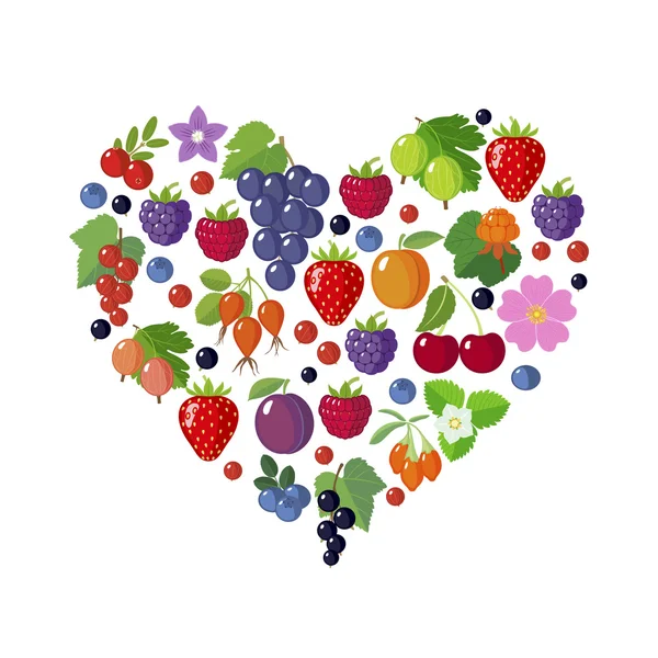Різні ягоди у формі серця . — стоковий вектор