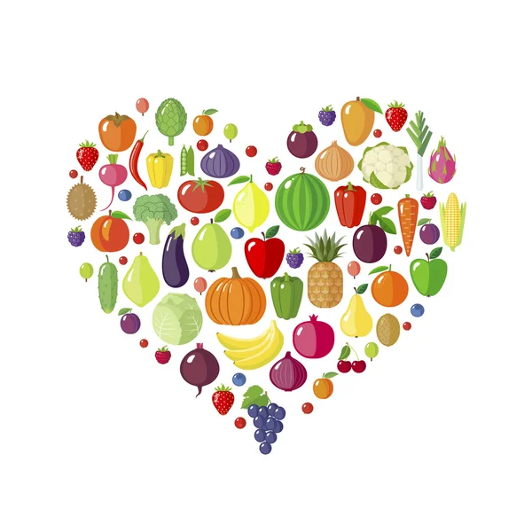 Frukt och grönsaker i hjärta form. — Stock vektor