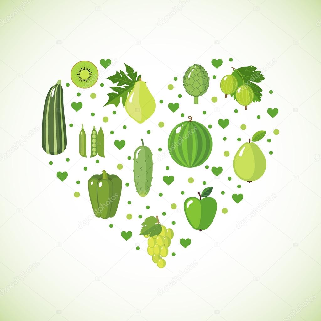 Heart shape with green fruits and vegetables