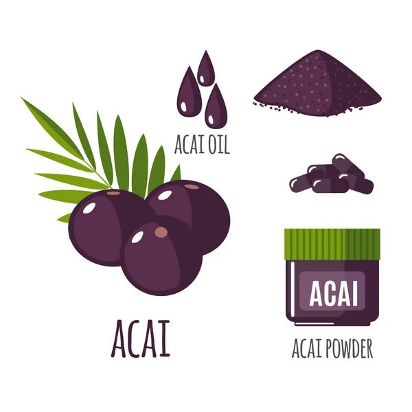 Açaí Superfood conjunto de frutas em estilo plano . — Vetor de Stock