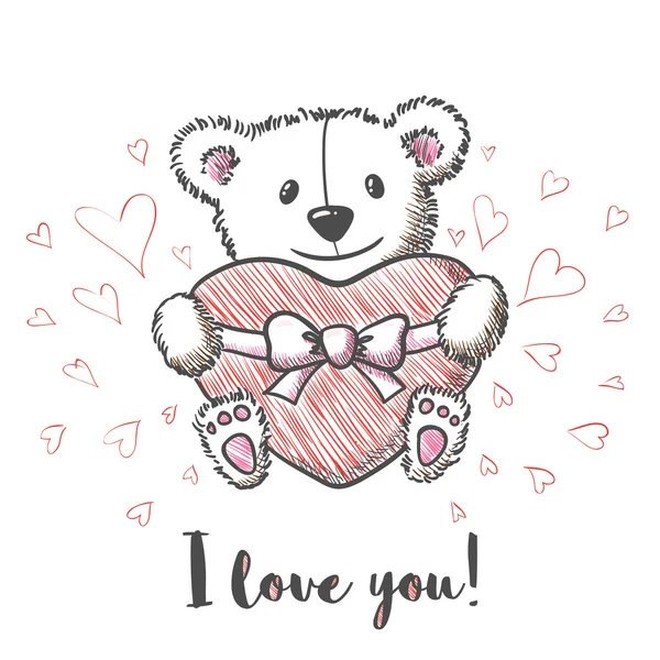 Carte d'amore con orso carino disegnato a mano — Vettoriale Stock