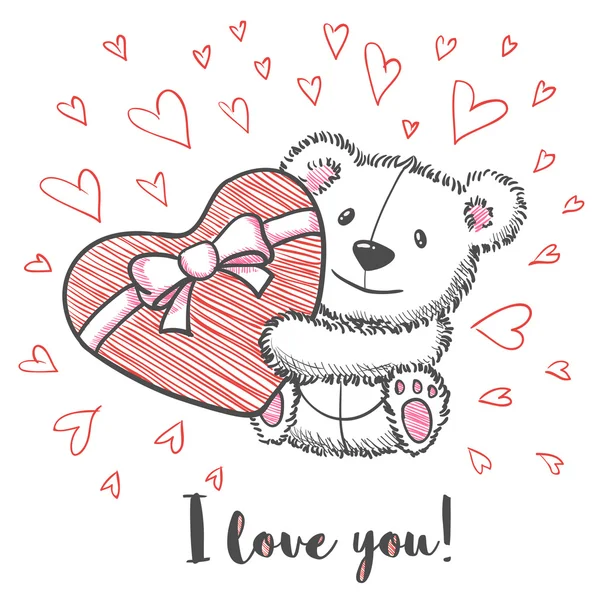 Carte d'amore con orso carino disegnato a mano — Vettoriale Stock