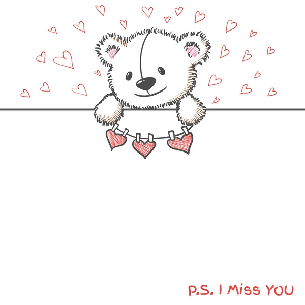 Cartão romântico com mão desenhada urso bonito — Vetor de Stock