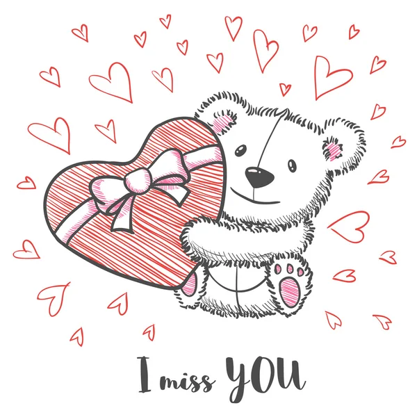 Romantic card with hand drawn cute bear — Stock Vector