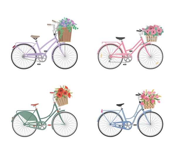 Uppsättning av cyklar med korg full av blommor — Stock vektor