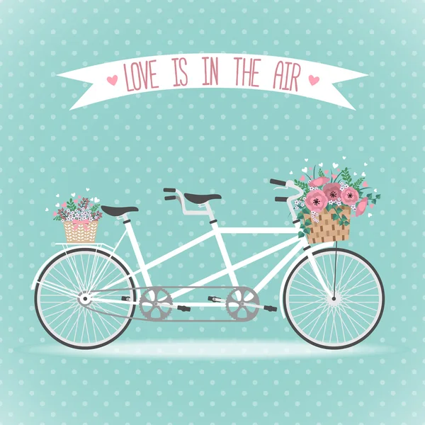 Χαριτωμένο ποδηλάτων με καλάθι γεμάτο λουλούδια — Διανυσματικό Αρχείο