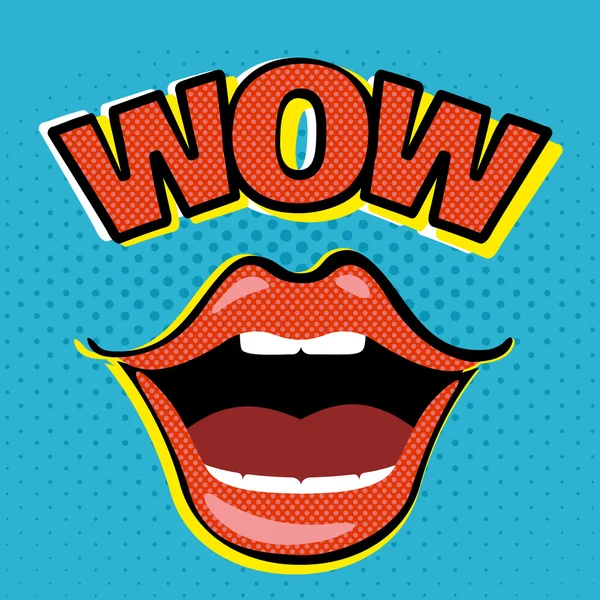 Pop arte boca aberta com bolha de fala WOW . — Vetor de Stock