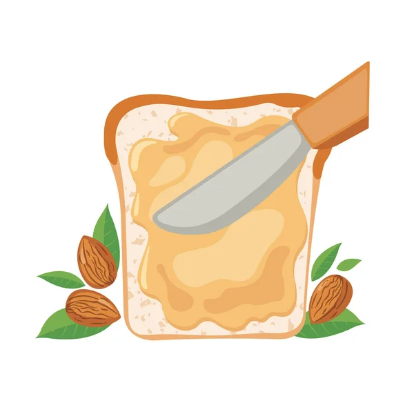 Almond Butter Bread Flat Style Isolated White Background Delicious Breakfast — Stock Vector