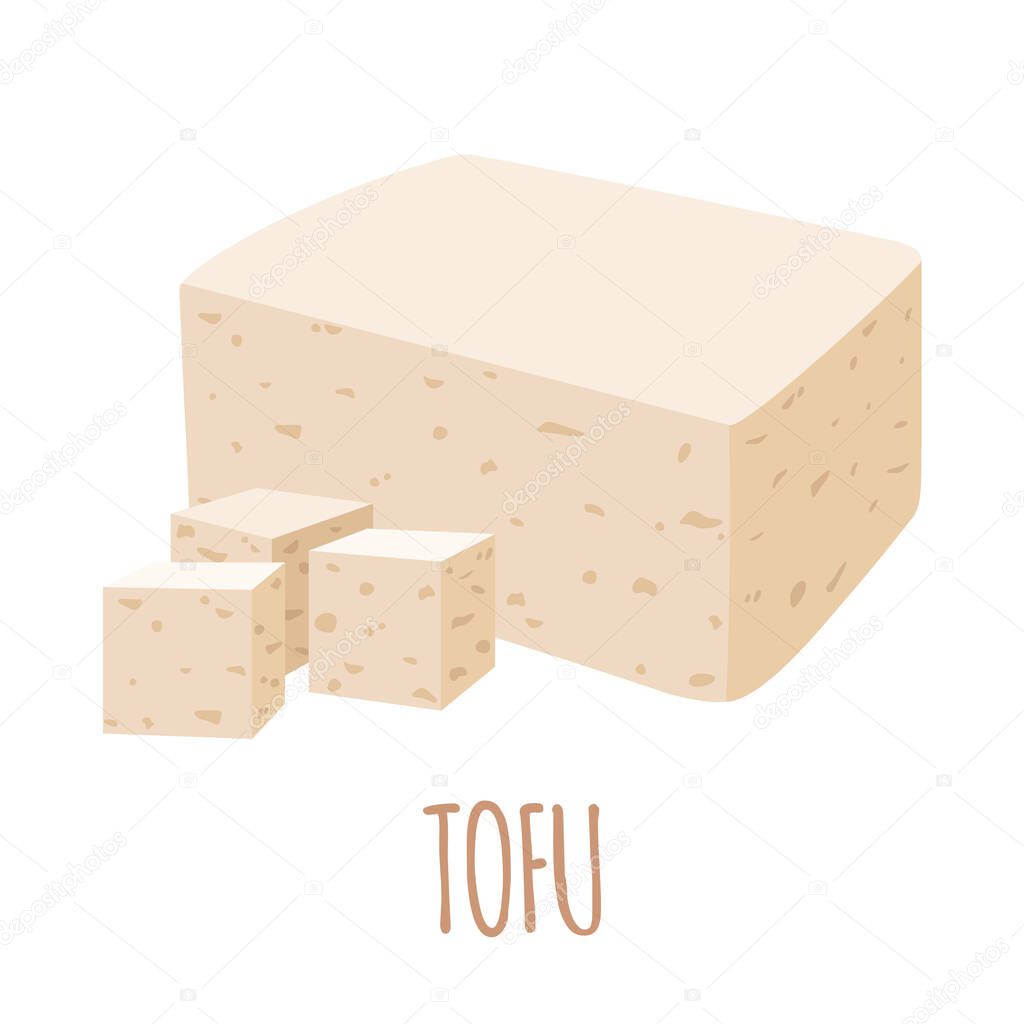 Tofu icon in flat style isolated on white background. Healthy vegetarian food. Cartoon soy bean curd or soy cheese. Vector illustration.
