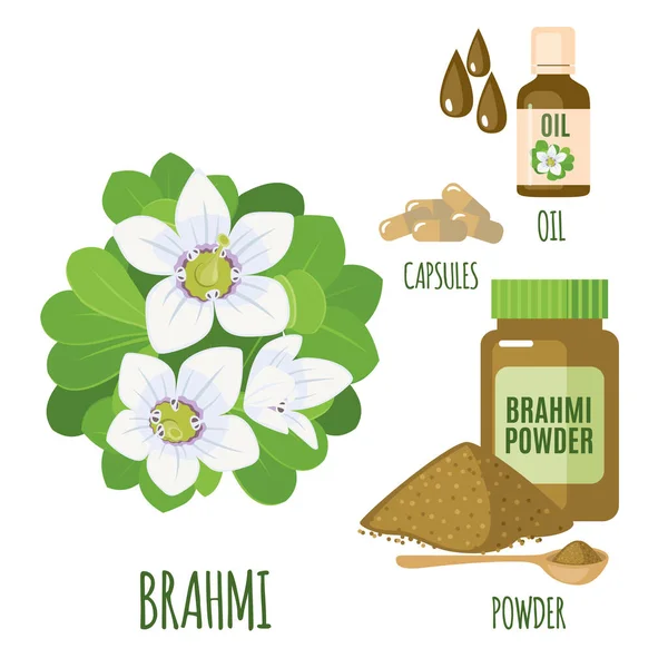 Ensemble Brahmi Avec Poudre Huile Capsules Dans Style Plat Isolé — Image vectorielle