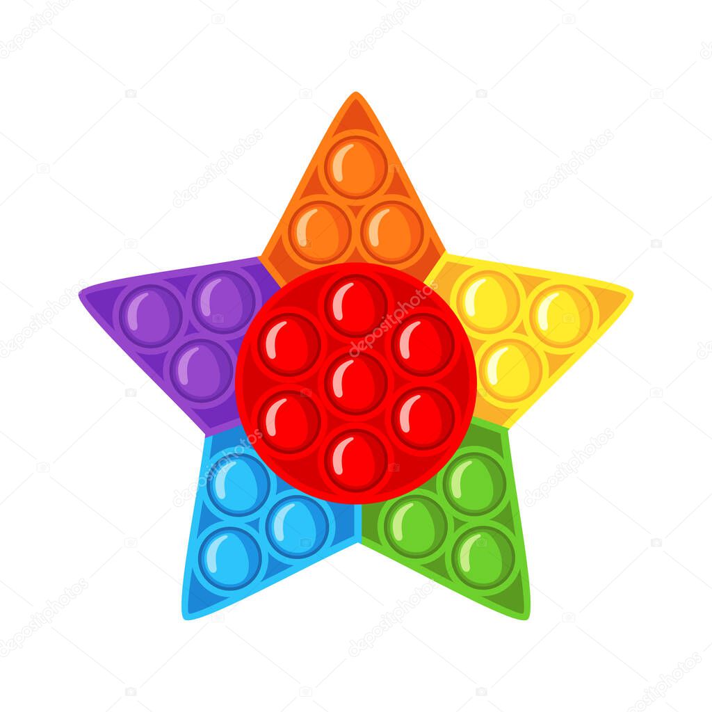Trendy antistress sensory toy Pop it fidget in flat style isolated on white background. Star shape hand toy for kids with push bubbles. Vector illustration.
