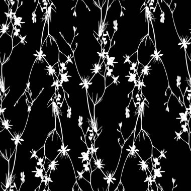 Çiçeksiz desen. Çiçekli siyah beyaz arka plan. Kumaş, tekstil, duvar kağıtları vesaire için tasarım elemanı. Vektör illüstrasyonu.