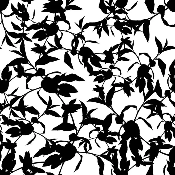 Monochrome Cute Seamless Pattern Sprigs Black White Leaves Background Vector — Stock Vector