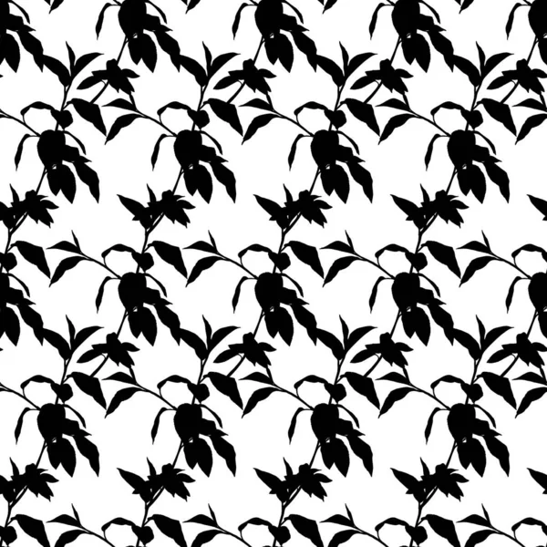 Monochroom Schattig Naadloos Patroon Met Takjes Zwart Wit Bladeren Achtergrond — Stockvector