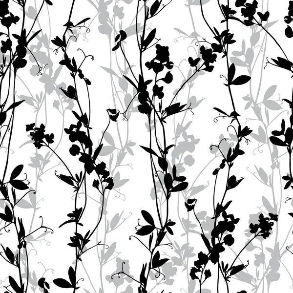 Tek Renkli Çiçeksiz Desen Beyazda Izole Edilmiş Çiçekli Siyah Beyaz — Stok Vektör