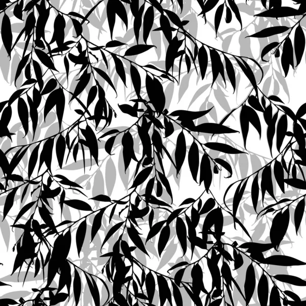 Монохромный Симпатичный Безморщинистый Узор Ивовыми Веточками Черно Белые Листья Фона — стоковый вектор