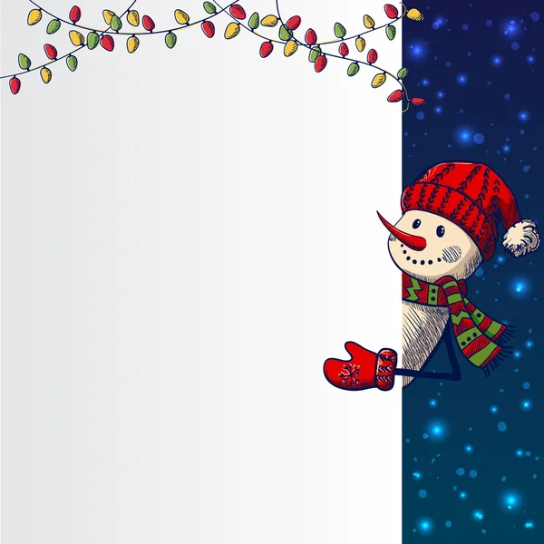 Elle çizilmiş kardan adam holding afiş — Stok Vektör