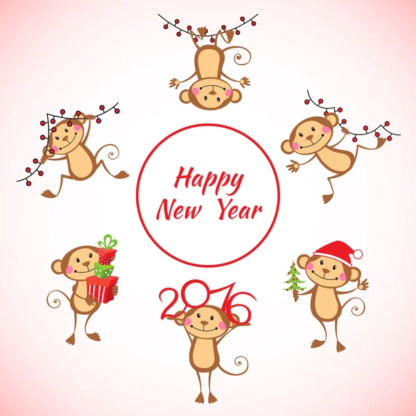 快乐的猴子卡通新年套 — 图库矢量图片