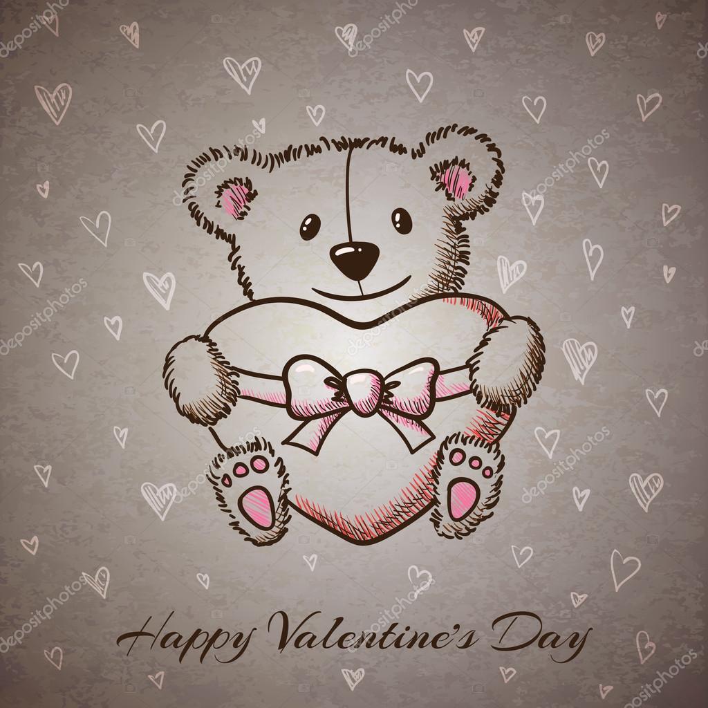 Orso disegnato con il cuore a mano stile di schizzo — Vettoriale Stock