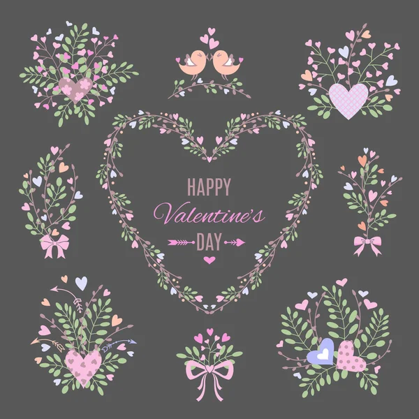 Set of floral elements for your Valentine's Day or Wedding design. — Stock Vector