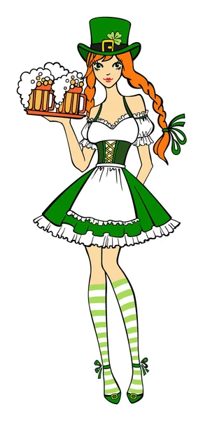 Beautiful leprechaun girl in green with  beer. — Stock Vector
