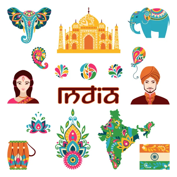 Conjunto de iconos planos indios — Vector de stock