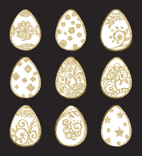 Set of  Easter eggs with gold glitter ornament — Stock Vector