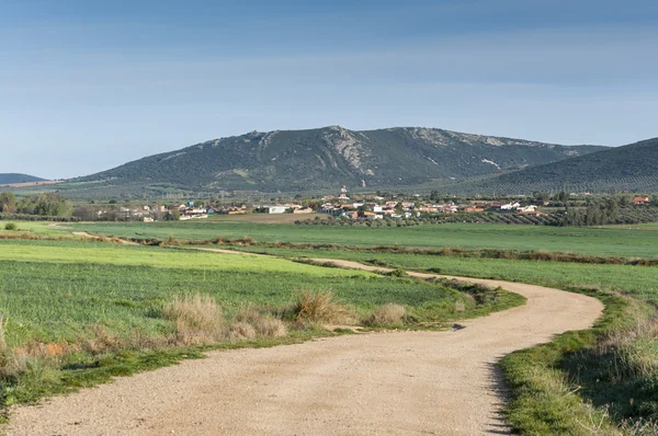 Liten by i ett odlingslandskap i La Mancha — Stockfoto