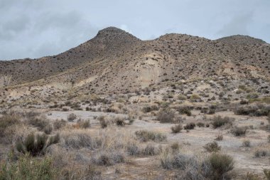 Tabernas, Almerya 'da kurak tepeler, seyrek bitki örtüsü ve bulutlu bir gökyüzü altında kuru arazi içeren engebeli bir çöl manzarası. Manzara sinematik ve vahşi batı atmosferini çağrıştırıyor.