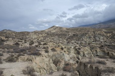 Tabernas Çölü 'nün kurak manzarası, Almerya, İspanya, engebeli tepeler, seyrek bitki örtüsü ve bulutlu bir gökyüzü altında kayalık çıkıntılar. Popüler bir çekim yeri.