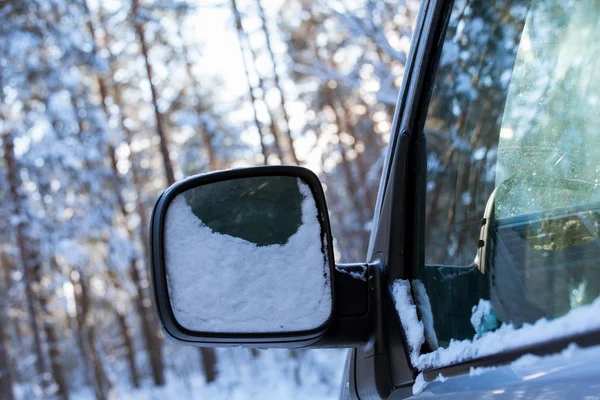 Fragmento de un coche en el bosque de invierno — Foto de Stock