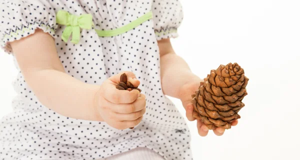 Chica jugando con un cono de cedro — Foto de Stock