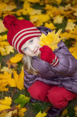 Sonbahar yaprakları arasında oturan küçük kız