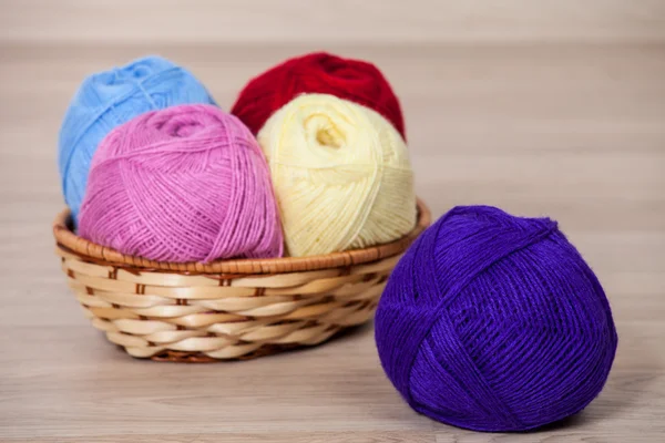 Skeins of yarn in a braided basket — Stock Photo, Image