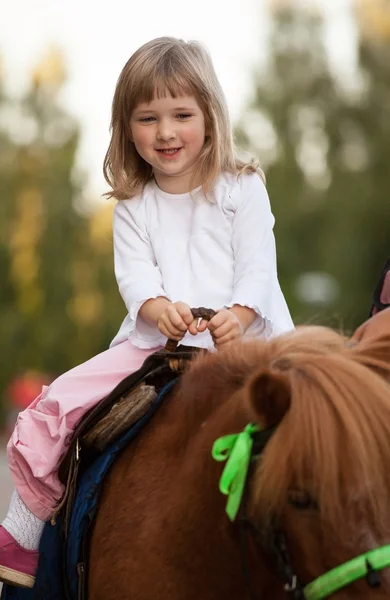 Happy smiling little girl  on a pony — Stock Photo, Image