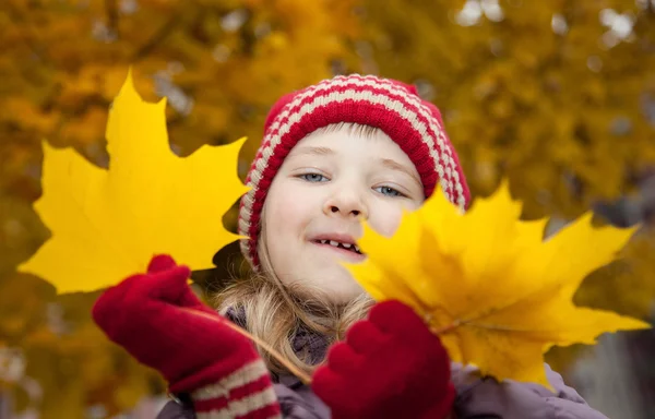 Holčička s podzimní listí — Stock fotografie