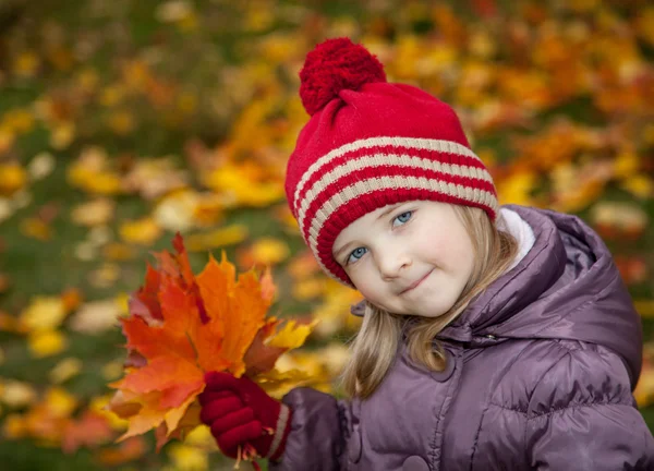 Petite fille assise parmi les feuilles d'automne — Photo