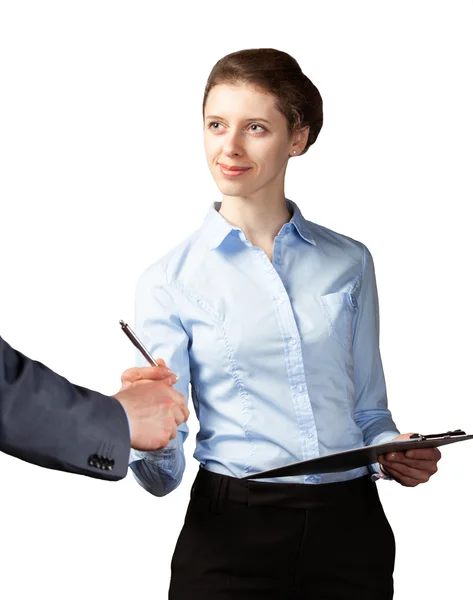 Empresaria dando pluma a hombre de negocios — Foto de Stock