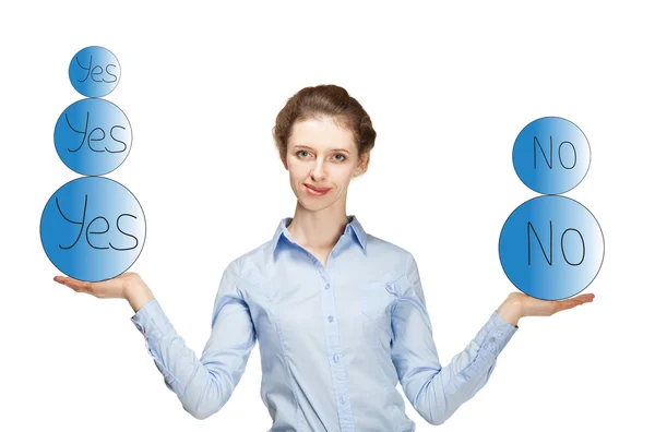 Woman weighing the pros and cons — Stock Image Woman weighing the pros and cons Stock Photo
