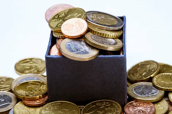Euro coins in box — Zdjęcie stockowe