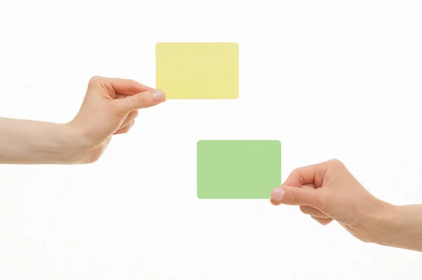 Human hands holding colorful paper cards — Stock Photo, Image