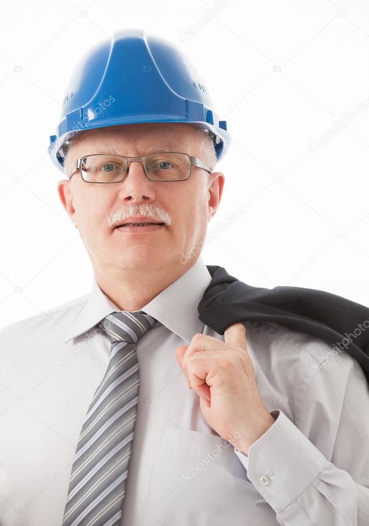 Portrait of a mature businessman in a blue helmet