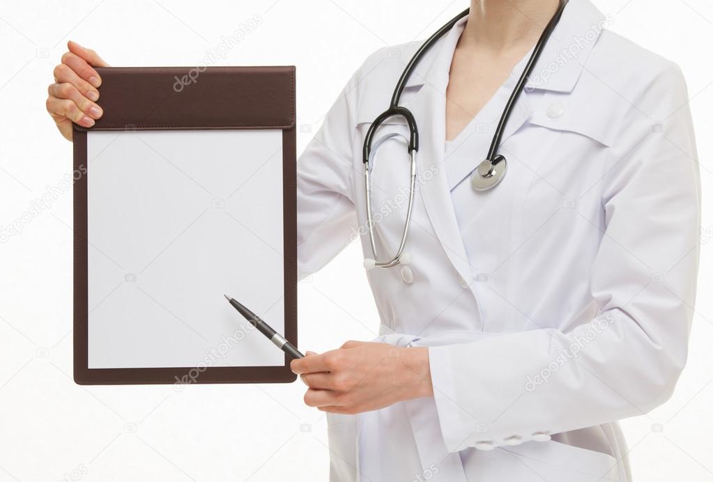 Doctor holding empty clipboard and a pen
