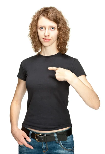 Woman pointing at herself — Stock Photo, Image