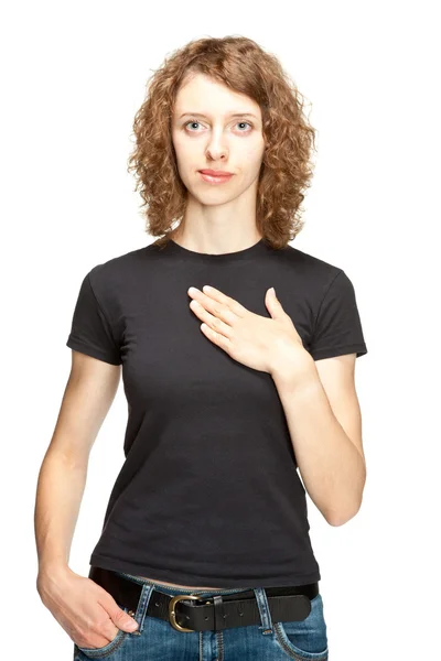 Woman pointing at herself — Stock Photo, Image