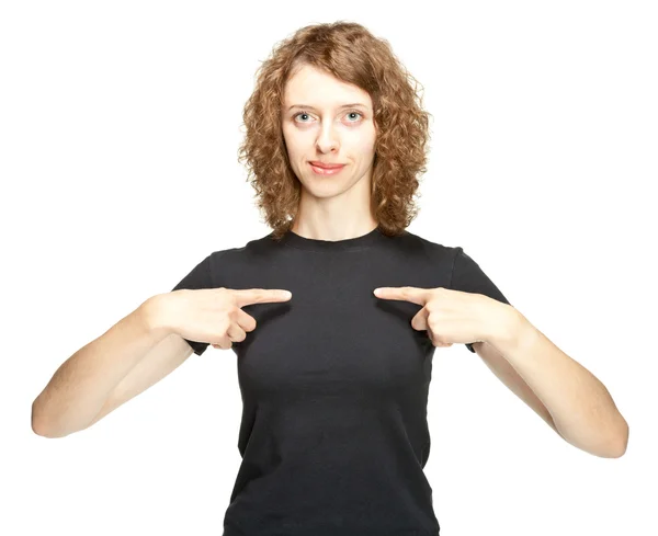 Frau zeigt auf sich selbst — Stockfoto