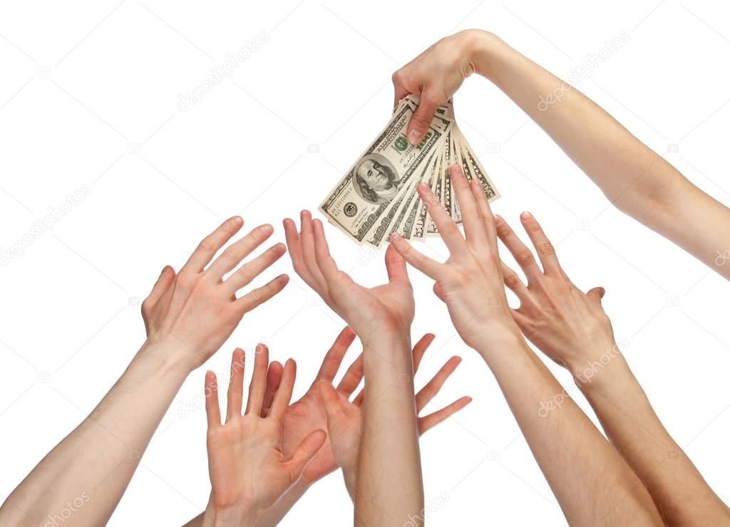 Hands reaching out for banknotes
