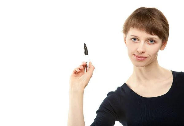 Mujer sosteniendo el marcador — Foto de Stock