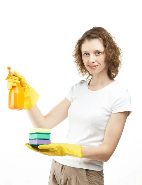 Woman holding sponge and sprayer — Stock Photo, Image