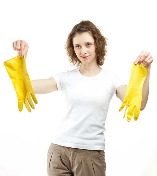 Mujer sosteniendo guantes de goma — Foto de Stock